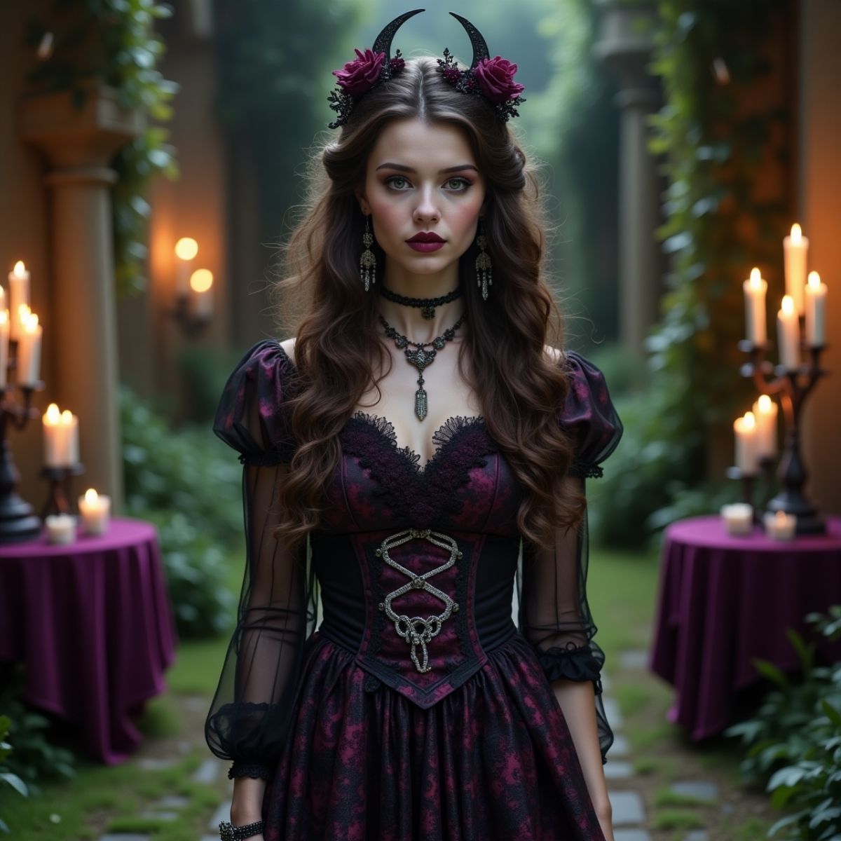 A woman in Whimsigoth fashion wearing layered velvet and lace with celestial jewelry, standing in a dreamy gothic garden setting.