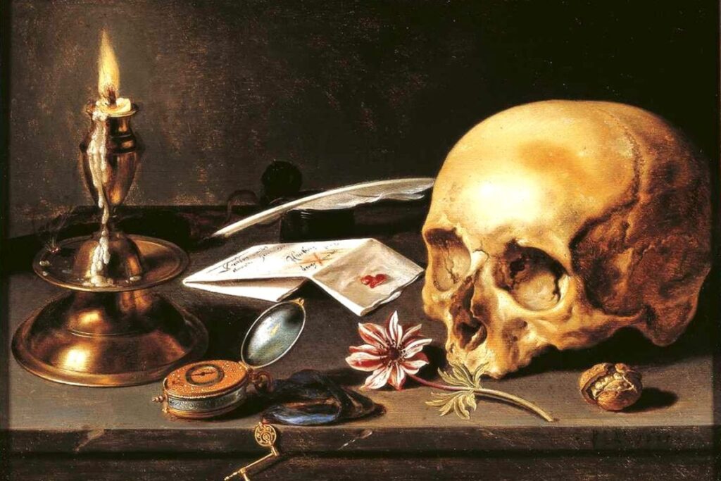 Still Life with a Skull and a Writing Quill (1628) – Pieter Claesz