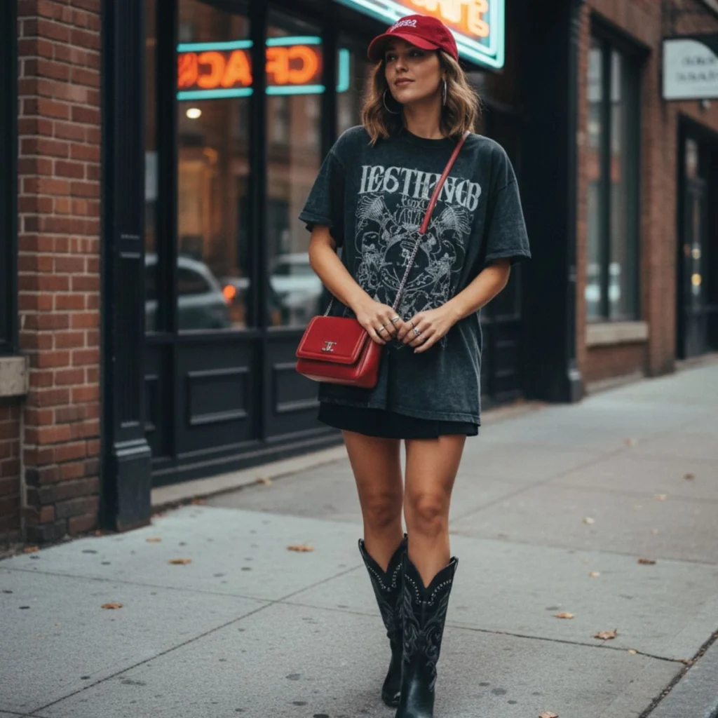 Graphic Tee + Cowboy Boots + Red Accent