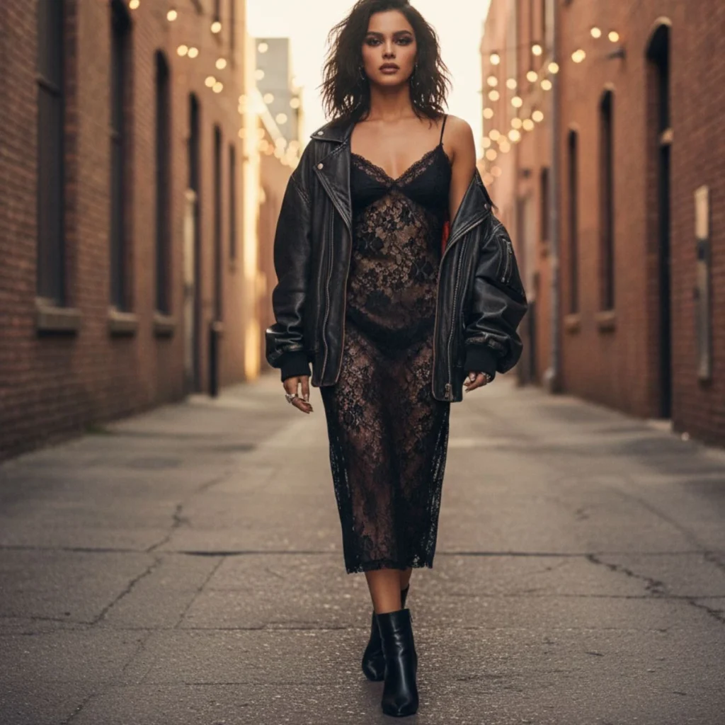 Lace Slip Dress + Leather Bomber