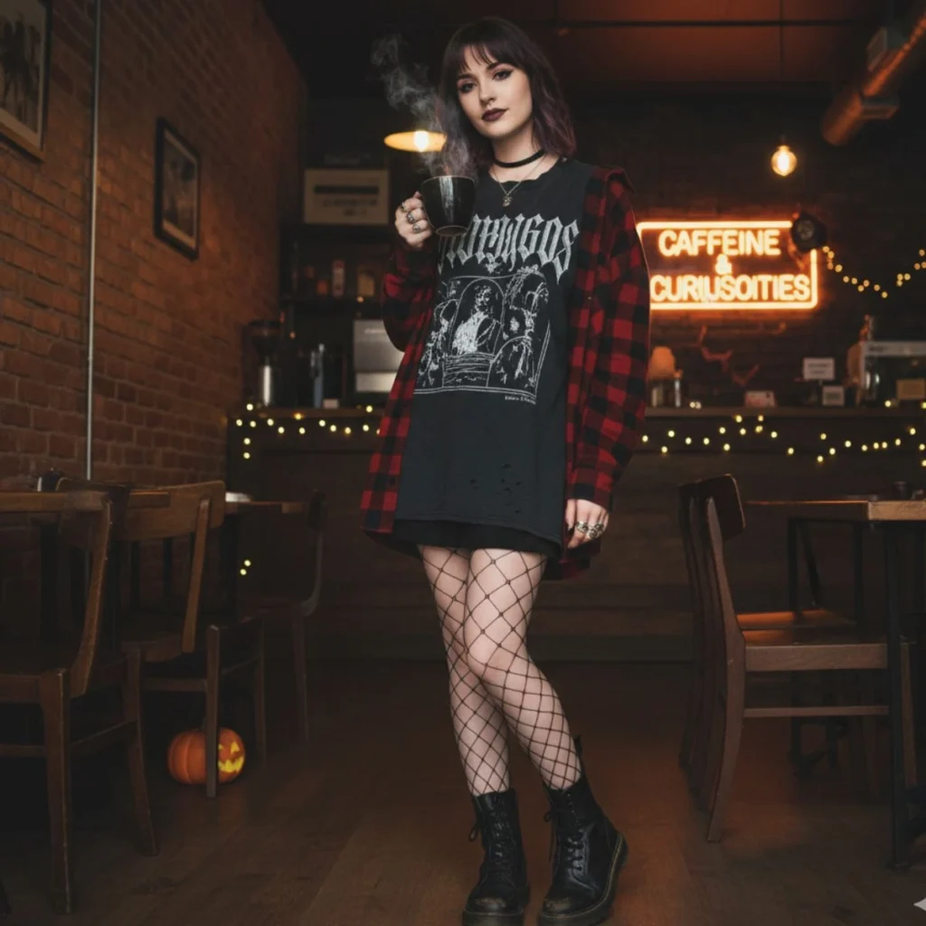 Oversized Band Tee + Fishnet Tights