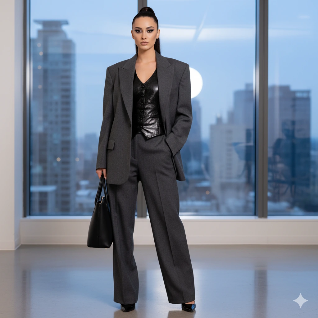 Oversized Gray Suit + Leather Vest