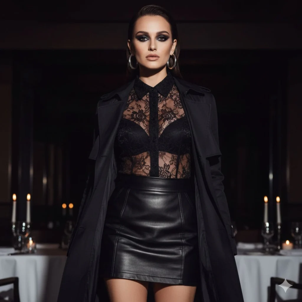 Sheer Lace Top + Leather Mini