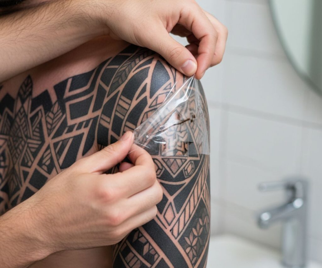 A man carefully removing a sterile medical-grade film bandage