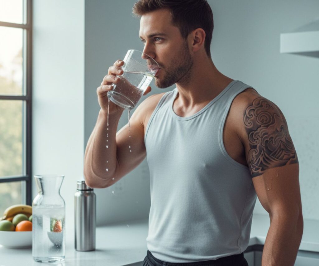 man with a fresh tattoo on his upper arm drinking a large glass of water