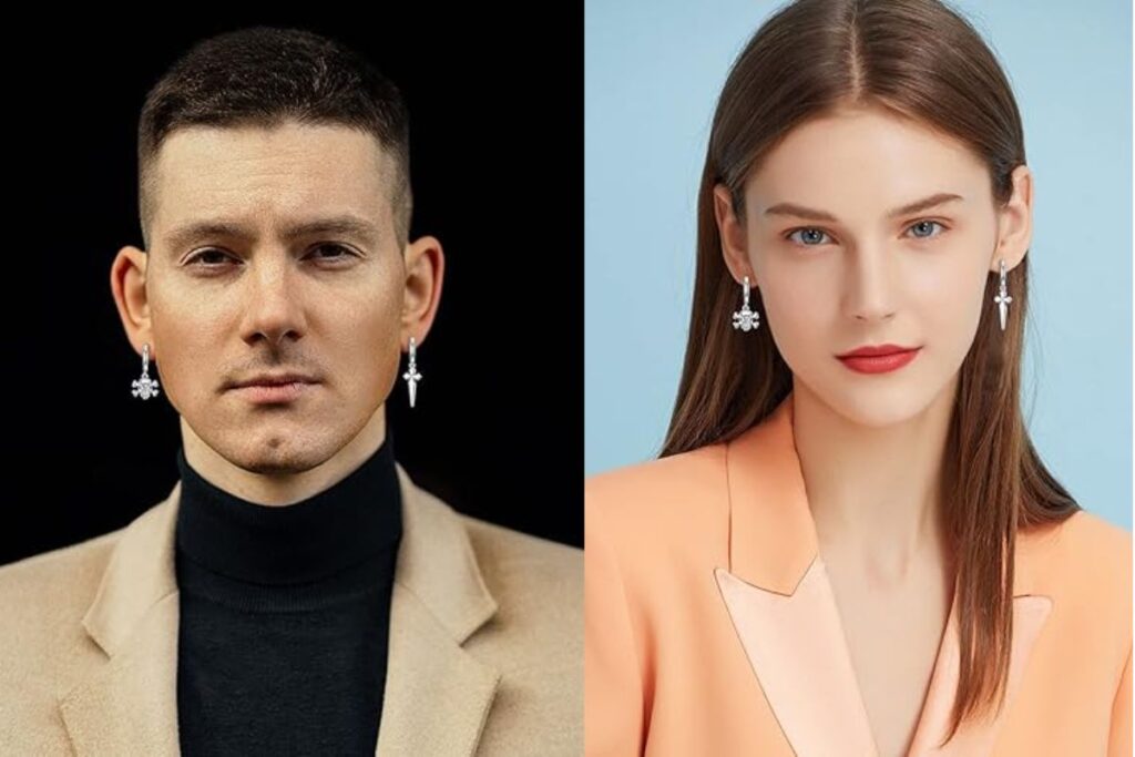 S925 Sterling Silver Men Earrings, Diamond Skull Cross Hoop Earrings for Men Women